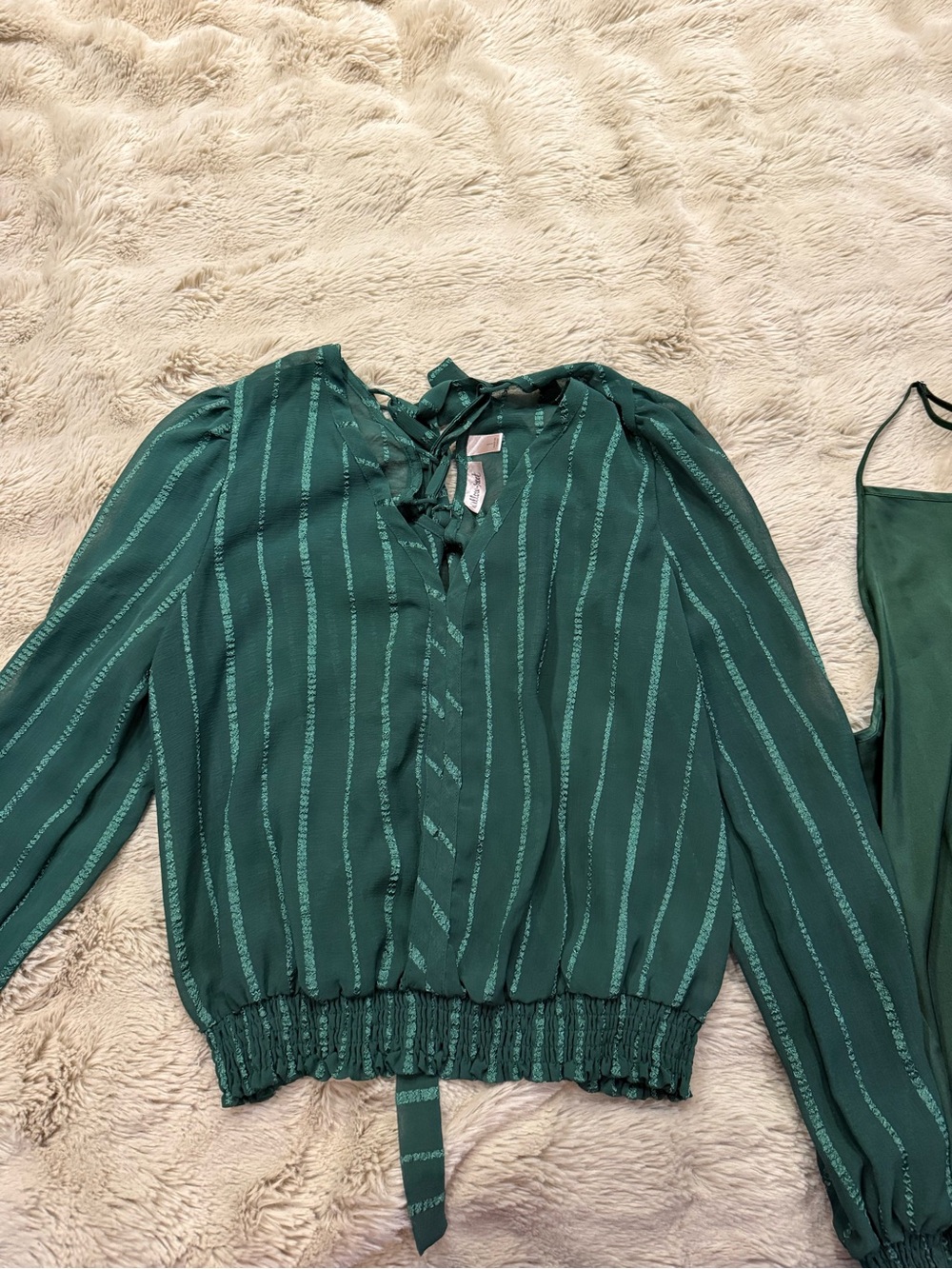 Green Striped Tie-Neck Blouse by